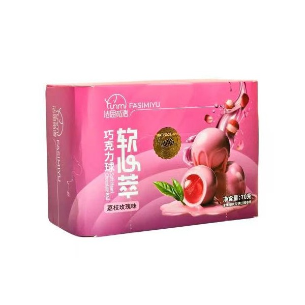 Bolas de Chocolate con relleno cremoso ( sabor Lichi y Rosa) 32/70g FASIMIYU